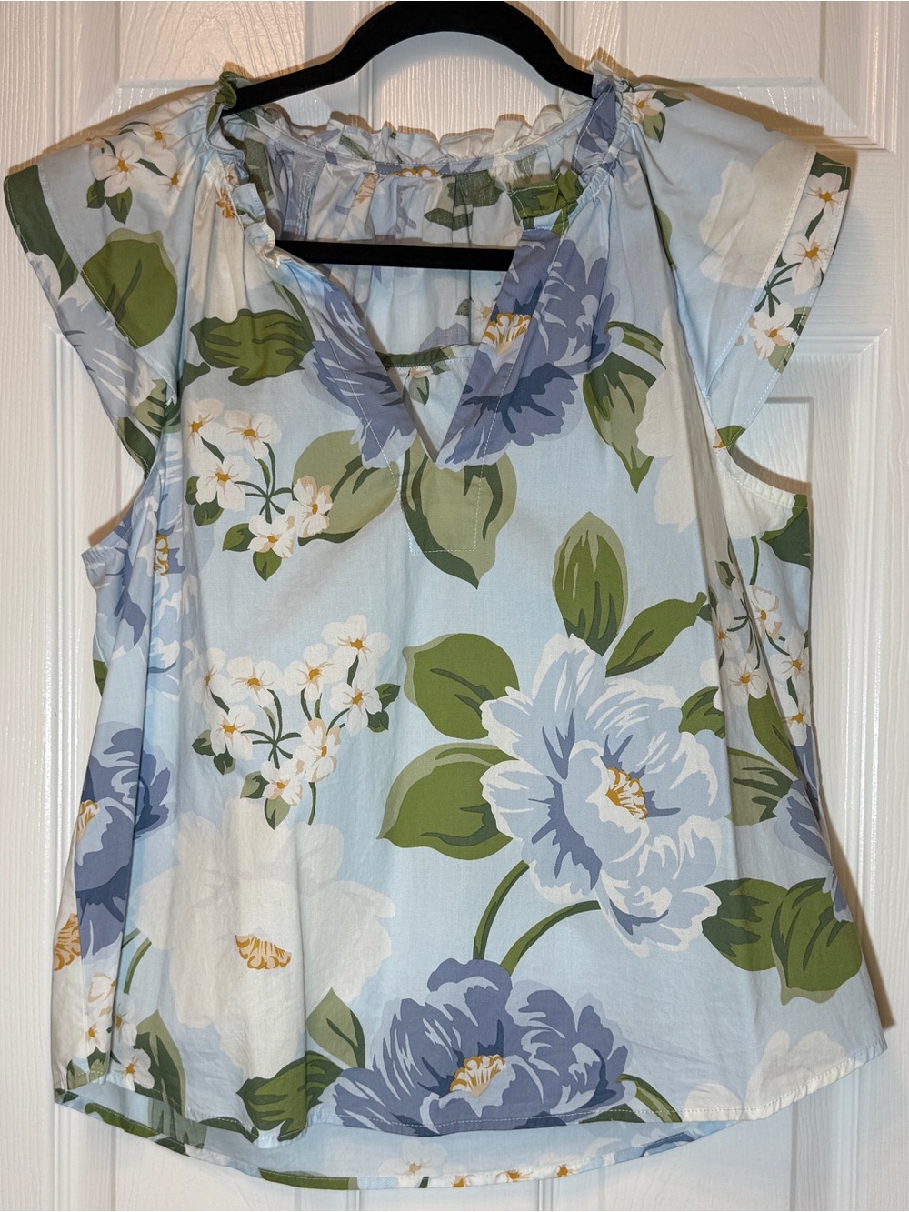 Light Blue Floral Cap-Sleeve Women's Top